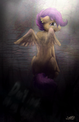 Size: 881x1362 | Tagged: safe, artist:malicieuxx, scootaloo, pegasus, pony, abandoned, crying, ear piercing, earring, female, filly, floppy ears, jewelry, looking back, piercing, rear view, sad, scootalone, scootasad, sitting, solo