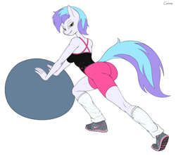 Size: 1200x1058 | Tagged: safe, artist:canime, oc, oc only, anthro, earth pony, plantigrade anthro, ass, clothes, exercise, female, leg warmers, leotard, looking at you, looking back, looking back at you, mare, medicine ball, shoes, simple background, smirk, sneakers, solo, white background