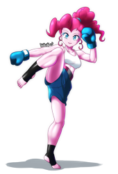 Size: 2720x4000 | Tagged: safe, artist:danmakuman, part of a set, pinkie pie, equestria girls, boxing gloves, boxing shorts, clothes, commission, feet, female, foot pad, kickboxing, kicking, martial arts, muscles, pinkie pump, raised leg, simple background, smiling, solo, sports bra, sports shorts, training, transparent background