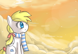 Size: 900x623 | Tagged: safe, artist:speccysy, oc, oc only, oc:cloudia, pegasus, pony, bow, clothes, cloud, cloudy, female, hair bow, lens flare, mare, on a cloud, scarf, sitting, sky, solo, tail bow