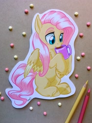 Size: 2835x3778 | Tagged: safe, artist:emberslament, artist:vistamage, fluttershy, pegasus, pony, collaboration, coffee, colored pencils, cup, cute, drink, female, mare, shyabetes, smiling, solo, traditional art