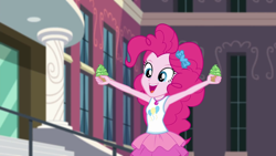 Size: 1280x720 | Tagged: safe, screencap, pinkie pie, equestria girls, equestria girls series, text support, armpits, clothes, cupcake, cute, cutie mark on clothes, diapinkes, dress, female, food, frosting, geode of sugar bombs, hairband, jalapeño, jalapeño supernova cupcake, jewelry, magical geodes, necklace, open mouth, open smile, rah rah skirt, sleeveless, smiling, solo, tanktop