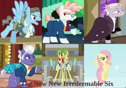 Size: 2202x1536 | Tagged: safe, edit, edited screencap, screencap, flam, flim, fluttershy, gladmane, svengallop, wind rider, zesty gourmand, earth pony, pegasus, pony, unicorn, friendship university, putting your hoof down, rarity investigates, spice up your life, the mane attraction, viva las pegasus, wonderbolts academy, antagonist, cropped, female, flim flam brothers, glowing horn, irredeemable, magic, male, mare, op is a cuck, stallion, wrong aspect ratio