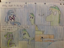 Size: 2592x1936 | Tagged: safe, artist:didgereethebrony, dj pon-3, spike, vinyl scratch, oc, oc:didgeree, dragon, pony, unicorn, docked, lined paper, ship, traditional art