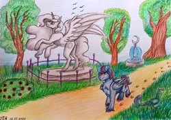 Size: 1078x756 | Tagged: safe, artist:jennifer696jones, princess celestia, oc, oc:hellfire, alicorn, bird, peacock, pegasus, pony, blue fur, canterlot, fountain, garden, male, red eyes, stallion, statue, traditional art, tree, walking