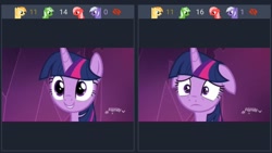 Size: 1190x669 | Tagged: safe, screencap, twilight sparkle, twilight sparkle (alicorn), alicorn, school raze, adorkable, comedy and tragedy, cute, derpibooru, discovery family logo, dork, happy, juxtaposition, juxtaposition win, meme, meta, sad