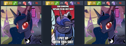 Size: 678x250 | Tagged: safe, artist:shutterflyeqd, princess luna, bat pony, bat ponified, derpibooru, juxtaposition, juxtaposition win, luna is not amused, meme, meta, race swap, unamused, vulgar