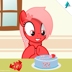 Size: 1871x1875 | Tagged: safe, artist:arifproject, oc, oc only, oc:downvote, birthday, birthday cake, birthday party, cake, derpibooru, derpibooru ponified, downvote, flower, food, grin, meta, party, ponified, smiling, solo, vector, wide eyes, window