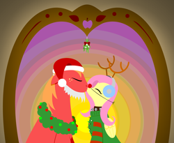 Size: 2879x2361 | Tagged: safe, alternate version, anonymous artist, big macintosh, fluttershy, pegasus, pony, series:fm holidays, antlers, bell, bell collar, christmas, christmas lights, christmas sweater, christmas wreath, clothes, collar, earmuffs, eyes closed, fake beard, fake nose, female, flat colors, fluttermac, hat, holiday, kissing, lineless, male, mistletoe, red nose, reindeer antlers, santa hat, shipping, straight, sweater, wreath