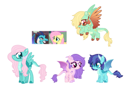 Size: 1700x1188 | Tagged: safe, artist:unoriginai, dragon lord ember, fluttershy, princess ember, oc, dracony, dragon, hybrid, pegasus, pony, cute, female, filly, group, magical lesbian spawn, offspring, parent:fluttershy, parent:princess ember, parents:embershy, screencap reference, teenager