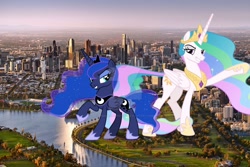 Size: 1600x1067 | Tagged: safe, artist:chrzanek97, artist:princesslunayay, princess celestia, princess luna, alicorn, pony, australia, city, deviantart watermark, duo, female, giant alicorn, giant ponies in real life, giant pony, giantess, giantlestia, grass, highrise ponies, irl, macro, mare, mega celestia, mega giant, mega luna, melbourne, obtrusive watermark, photo, ponies in real life, raised hoof, raised leg, royal sisters, siblings, sisters, smiling, smirk, tree, watermark