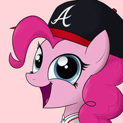 Size: 1280x1280 | Tagged: safe, artist:moonatik, pinkie pie, earth pony, pony, atlanta braves, baseball, baseball cap, cap, clothes, commission, cute, female, hat, jersey, mare, mlb, solo, sports