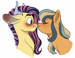 Size: 1599x1244 | Tagged: safe, artist:whisperseas, oc, oc only, oc:stormhoof, oc:topaz apple, earth pony, hybrid, pony, blushing, blushing profusely, eyes closed, female, interspecies offspring, male, mare, nose kiss, offspring, parent:big macintosh, parent:fluttershy, parent:iron will, parent:marble pie, parents:ironshy, parents:marblemac, simple background, stallion, white background