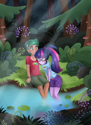 Size: 3300x4500 | Tagged: safe, artist:scarlet-spectrum, derpibooru import, sci-twi, timber spruce, twilight sparkle, equestria girls, legend of everfree, absurd resolution, blushing, clothes, crepuscular rays, cute, eyes closed, female, forest, glasses, male, pond, shipping, shorts, straight, timbertwi