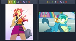 Size: 489x265 | Tagged: safe, gallus, sandbar, smolder, sunset shimmer, better together, equestria girls, school daze, derpibooru, hug, juxtaposition, juxtaposition win, meme, meta, sword, weapon