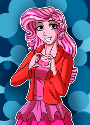 Size: 1800x2500 | Tagged: safe, artist:jack-pie, pinkie pie, human, clothes, cute, female, hair swap, heart hands, humanized, skirt, solo