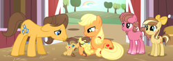 Size: 5964x2104 | Tagged: safe, artist:velveagicsentryyt, applejack, caramel, oc, oc:apple flower, oc:apple pie, oc:apple sprinkle, oc:appleseed, earth pony, pony, unicorn, baby, baby pony, barn, carajack, female, filly, male, offspring, parent:applejack, parent:big macintosh, parent:caramel, parent:sugar belle, parents:carajack, parents:sugarmac, shipping, straight