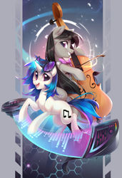 Size: 2605x3811 | Tagged: safe, artist:makaronder, dj pon-3, octavia melody, vinyl scratch, earth pony, pony, unicorn, cello, cutie mark, duo, female, hoof hold, looking at you, mare, musical instrument, sunglasses