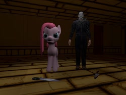 Size: 1024x768 | Tagged: safe, artist:nightmenahalo117, pinkie pie, oc, oc:nightmena, earth pony, pony, 3d, bendy and the ink machine, halloween (movie), michael myers, pinkamena diane pie, weapon