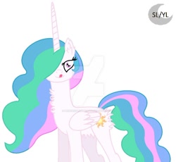 Size: 1024x941 | Tagged: safe, artist:princesslunayay, princess celestia, alicorn, pony, belly fluff, butt fluff, chest fluff, deviantart watermark, ear fluff, female, imminent vore, licking, licking lips, logo, looking at you, mare, missing accessory, multicolored mane, obtrusive watermark, simple background, smiling, smiling at you, solo, tongue out, watermark, white background