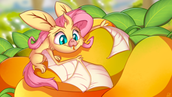 Size: 3840x2160 | Tagged: safe, artist:pirill, fluttershy, bat, fruit bat, cute, female, flutterbat, food, mango, newbie artist training grounds, solo, species swap