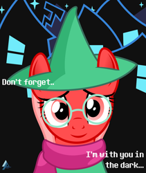 Size: 2200x2603 | Tagged: safe, artist:arifproject, oc, oc only, oc:downvote, spoiler:deltarune, clothes, costume, deltarune, derpibooru, derpibooru ponified, glasses, hat, looking at you, meta, ponified, ralsei, scarf, simple background, smiling, song reference, text, witch hat