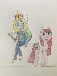 Size: 3024x4032 | Tagged: safe, artist:katiemae12, pinkie pie, earth pony, pony, adventure time, crossover, duo, finn the human, pinkamena diane pie