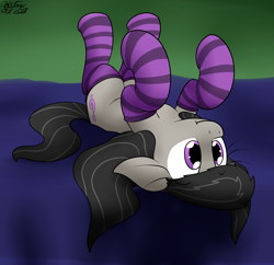 Size: 1739x1683 | Tagged: safe, artist:the-furry-railfan, octavia melody, earth pony, pony, bed, clothes, cute, hooves in air, i'm so alone, on back, socks, socktavia, solo, striped socks, tavibetes, upside down