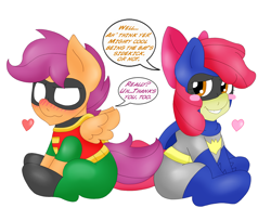 Size: 2700x2200 | Tagged: safe, artist:blackbewhite2k7, apple bloom, scootaloo, ask, barbara gordon, batgirl, batman, crossover, dc comics, dick grayson, female, heart, lesbian, parody, robin, scootabloom, shipping, sitting, tumblr, vector, wingboner