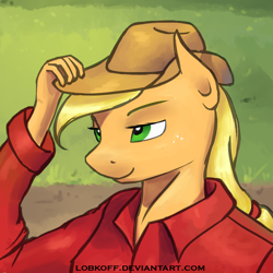 Size: 900x900 | Tagged: safe, artist:apocheck13, applejack, anthro, earth pony, clothes, cowboy hat, female, freckles, grass, hat, lidded eyes, mare, shirt, smiling, solo, stetson