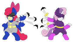 Size: 2100x1211 | Tagged: safe, artist:blackbewhite2k7, apple bloom, sweetie belle, barbara gordon, batarang, batfilly, batgirl, batman, catgirl, claws, crossover, dc comics, fight, kitrina falcone, parody, simple background, transparent background, vector