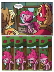 Size: 3106x4096 | Tagged: safe, artist:agnesgarbowska, idw, applejack, big macintosh, pinkie pie, earth pony, pony, spoiler:comic, spoiler:comicff27, apple, apple tree, applebucking, comic, exhausted, food, panting, sweat, sweating profusely, tree