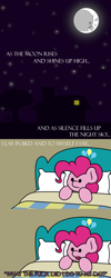 Size: 1280x3190 | Tagged: safe, artist:ljdamz1119, pinkie pie, earth pony, pony, bed, comic, female, house, mare, moon, night, open mouth, pillow, solo, stars, text, thinking, tree, vulgar