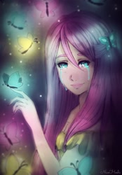 Size: 1403x2017 | Tagged: safe, artist:nicohoshi, fluttershy, butterfly, human, clothes, crying, cute, female, humanized, looking at you, signature, solo