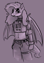 Size: 1280x1845 | Tagged: safe, artist:tempusfidgets, fluttershy, anthro, bat pony, bat ponified, belly button, belt, clothes, female, flutterbat, jacket, midriff, monochrome, punk, race swap, simple background, solo, studs