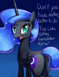 Size: 695x900 | Tagged: safe, artist:negativefox, nightmare moon, alicorn, pony, angry, female, glare, gradient background, looking at you, looking back, mare, nightmare moonbutt, open mouth, plot, solo, tsundere moon