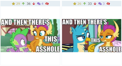 Size: 610x333 | Tagged: safe, edit, edited screencap, screencap, gallus, smolder, spike, dragon, father knows beast, what lies beneath, and then there's this asshole, caption, derpibooru, irony, juxtaposition, meme, meta, pointing, vulgar