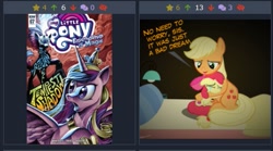 Size: 487x271 | Tagged: safe, derpibooru import, apple bloom, applejack, princess cadance, tempest shadow, alicorn, earth pony, pony, spoiler:comic, spoiler:comic67, derpibooru, juxtaposition, juxtaposition win, meme, meta