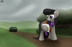 Size: 2691x1776 | Tagged: safe, artist:the-furry-railfan, octavia melody, earth pony, pony, apc, clothes, cloud, cloudy, dirt road, inflatable, m113, overcast, paper, scarf, solo, story included, tank (vehicle), this will end in balloons, tree