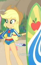 Size: 459x720 | Tagged: safe, screencap, applejack, better together, blue crushed, equestria girls, clothes, cropped, curvy, cute, geode of super strength, jackabetes, solo, surfboard, swimsuit