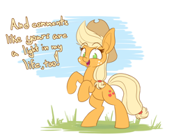 Size: 1500x1200 | Tagged: safe, artist:heir-of-rick, applejack, earth pony, pony, cowboy hat, cute, description is relevant, dialogue, female, hat, heartwarming, jackabetes, mare, rearing, smiling, solo, sweet dreams fuel, talking to viewer