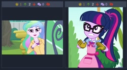 Size: 486x271 | Tagged: safe, princess celestia, principal celestia, sci-twi, twilight sparkle, equestria girls, derpibooru, geode of telekinesis, juxtaposition, juxtaposition win, magical geodes, meme, meta