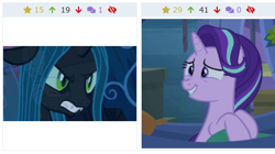 Size: 435x244 | Tagged: safe, derpibooru import, screencap, queen chrysalis, starlight glimmer, changeling, changeling queen, pony, unicorn, road to friendship, the mean 6, cropped, death stare, derpibooru, female, juxtaposition, juxtaposition win, meme, meta