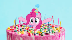 Size: 1920x1080 | Tagged: safe, artist:creativa-artly01, edit, pinkie pie, pony, cake, food, hat, party hat, party horn, solo