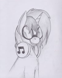 Size: 1672x2075 | Tagged: safe, artist:scribblepwn3, dj pon-3, vinyl scratch, pony, unicorn, chest fluff, female, goggles, headphones, mare, monochrome, pencil drawing, solo, traditional art