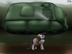 Size: 2718x2054 | Tagged: safe, artist:the-furry-railfan, octavia melody, earth pony, pony, airborne, apc, clothes, cloud, cloudy, dirt road, incoming, inflatable, m113, overcast, paper, saddle bag, scarf, solo, story included, tank (vehicle), this will end in balloons, this will not end well, tree