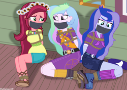 Size: 1058x755 | Tagged: safe, artist:robukun, gloriosa daisy, princess celestia, princess luna, principal celestia, vice principal luna, equestria girls, legend of everfree, bondage, bound and gagged, female, gag, rope, rope bondage, siblings, sisters, tape, tape gag, tied up