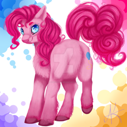 Size: 1024x1024 | Tagged: safe, artist:yumii-chan81, pinkie pie, earth pony, pony, abstract background, cutie mark, female, fluffy, looking at you, mare, obtrusive watermark, smiling, solo, watermark