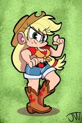 Size: 1470x2205 | Tagged: safe, artist:joeywaggoner, applejack, human, applejack's hat, applerack, boots, breasts, cleavage, clothes, cowboy hat, front knot midriff, hat, humanized, midriff, shirt, shoes, shorts, solo