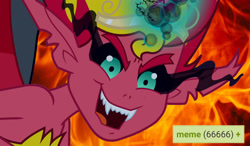 Size: 1848x1080 | Tagged: safe, edit, edited screencap, screencap, sunset satan, sunset shimmer, equestria girls, equestria girls (movie), dark magic, derpibooru, evil grin, fire, grin, magic, meme, meta, smiling, solo, tags